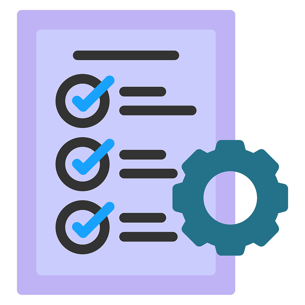 Checklist with blue check marks and a gear icon on a purple document representing task management or settings.