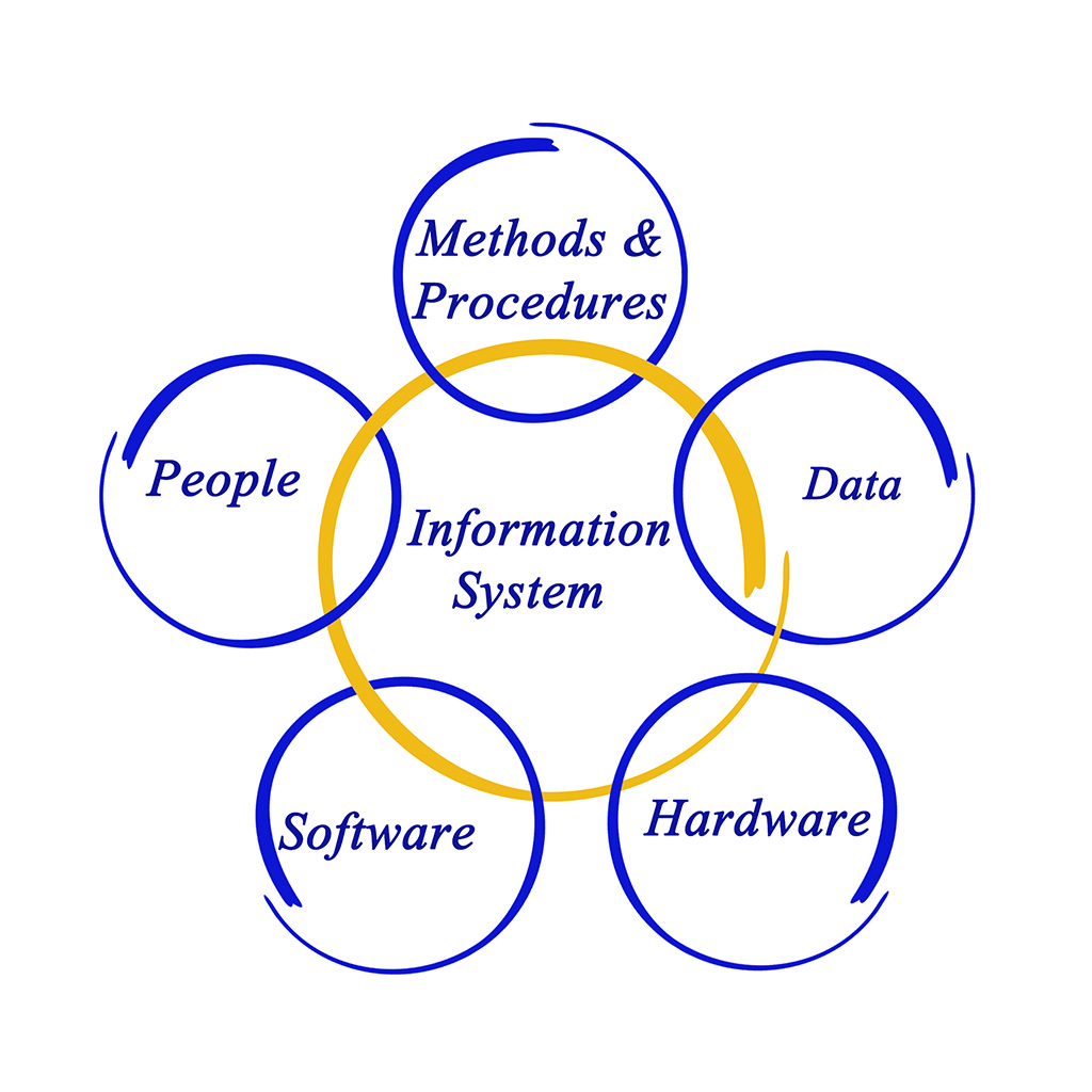 Diagram illustrating Information System components: Methods & Procedures, People, Data, Software, and Hardware interconnected.