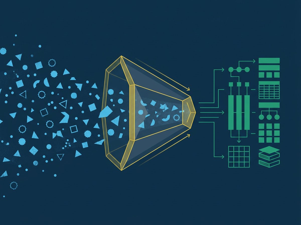 Strategy funnel transforming scattered data into organized CRM structures