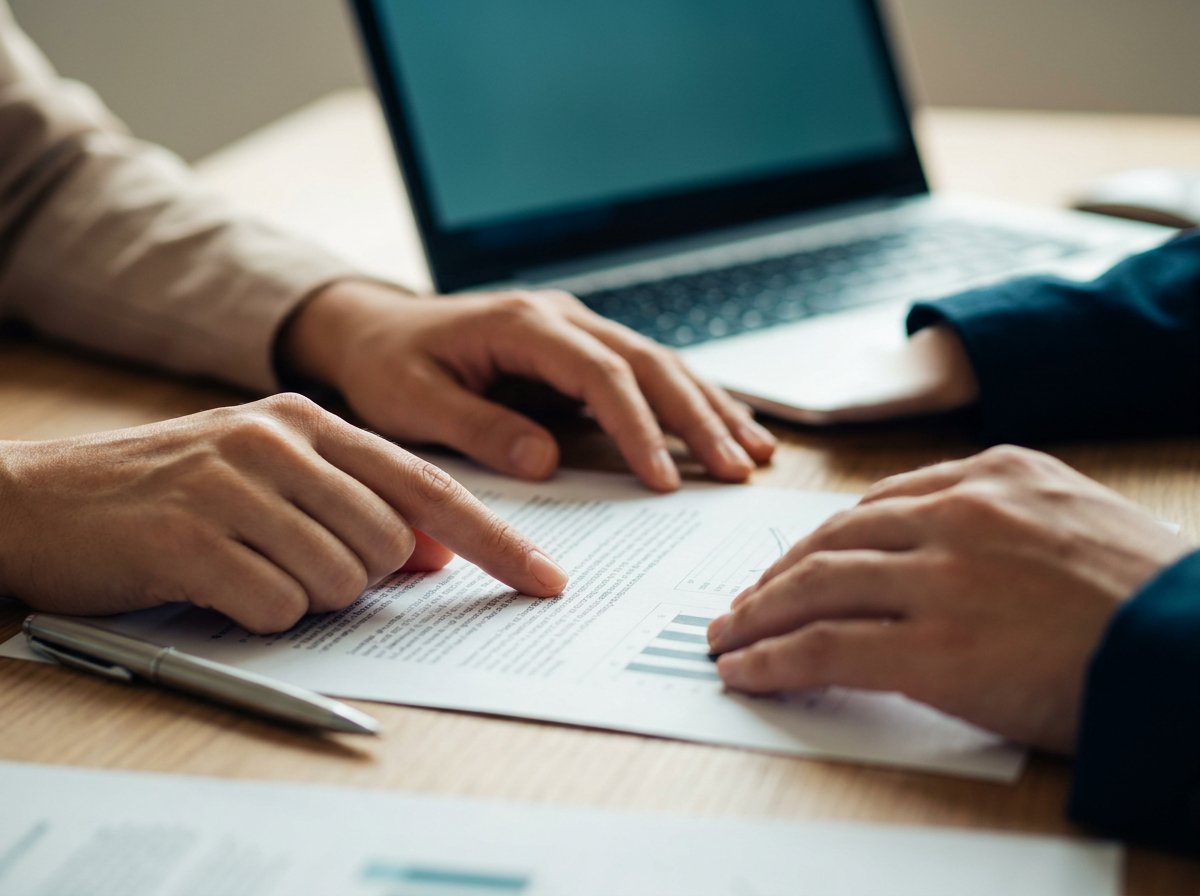 Two professionals reviewing a document with charts on a desk