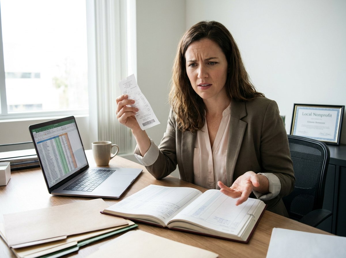 Woman confused by mismatched financial records at nonprofit desk