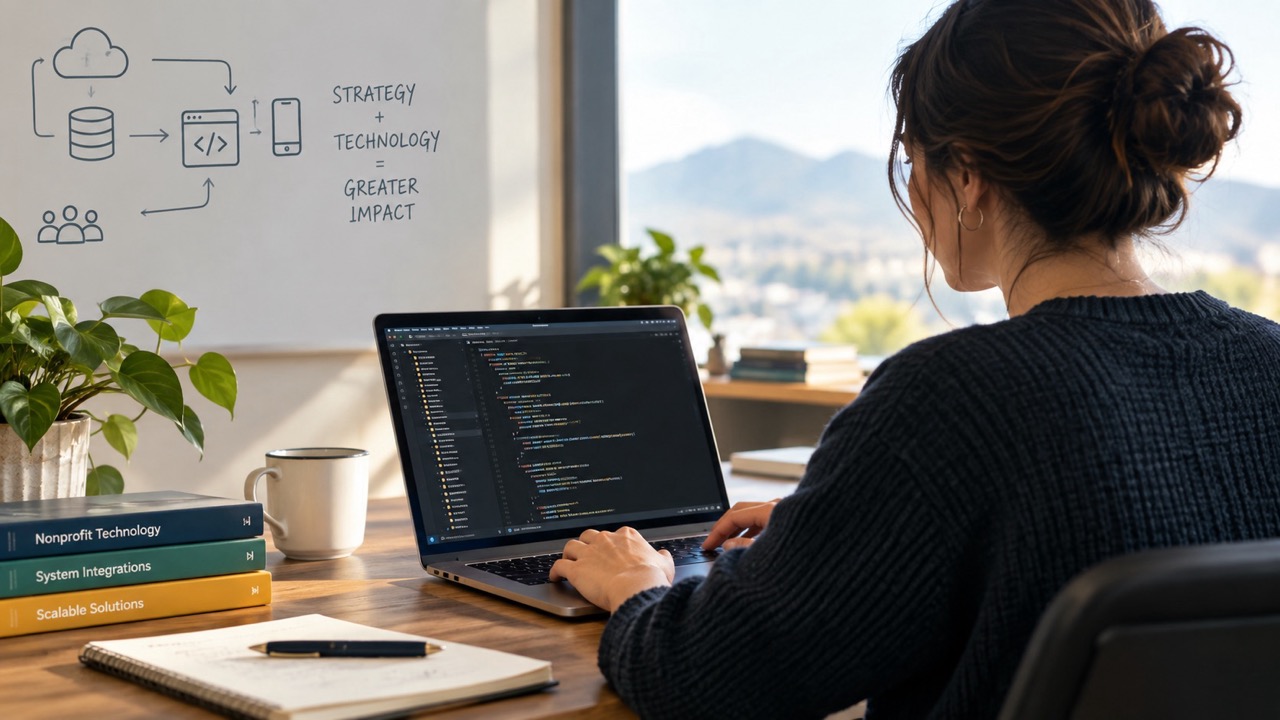 Developer coding at a laptop beside a cloud architecture whiteboard