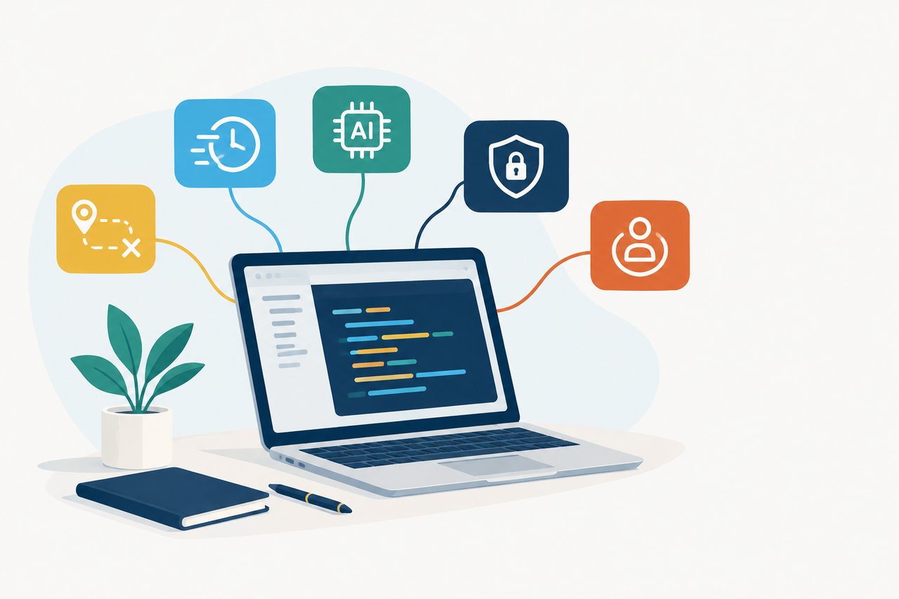 Illustration of a laptop linked to AI and integration icons