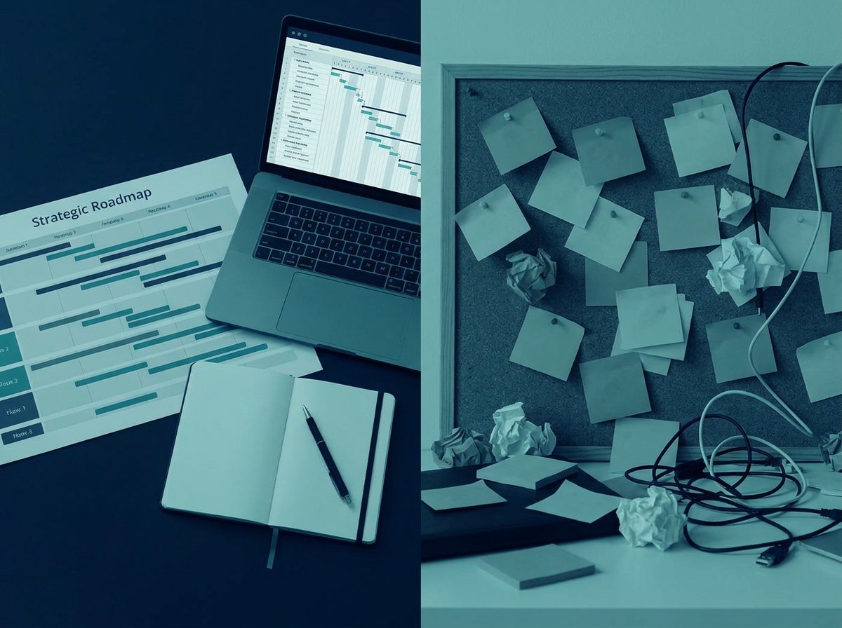 A Strategic Roadmap plan beside a messy board of scattered notes and cables